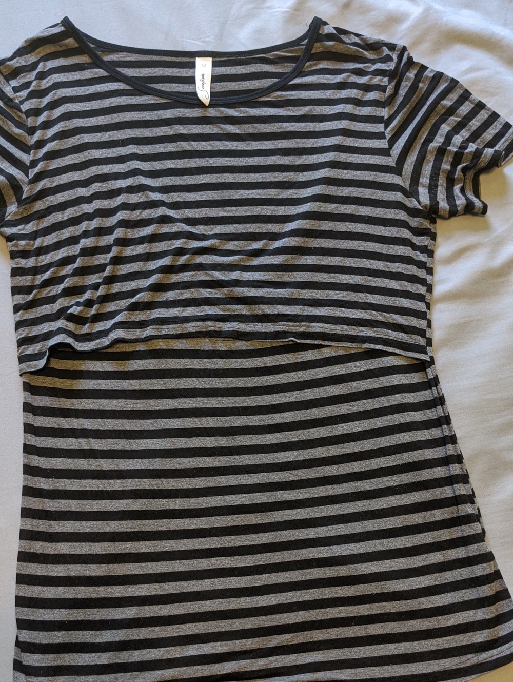 Sosolism Women's Striped Black & Gray Layered Nursing Maternity Tee Size M